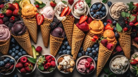 Téléchargez les photos : Assortiment de cône de gaufre à la crème glacée avec différents fruits. - en image libre de droit