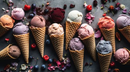 Téléchargez les photos : Assortiment de cône de gaufre à la crème glacée avec différents fruits. - en image libre de droit