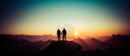 Foto de Happy winning success man and woman at sunset or sunrise standing on mountain peak holding hands and are happy for having reached mountain top summit goal during hiking travel trek. Tirol, Austria - Imagen libre de derechos