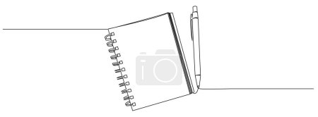 Continuous single line drawing of spiral notepad and pen isolated on white, line art vector illustration