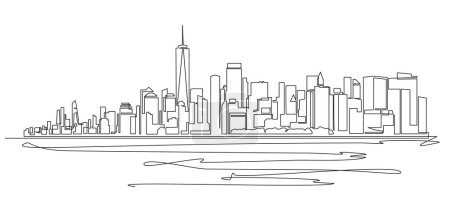 Ilustración de Dibujo de una sola línea del horizonte de la ciudad de Nueva York, Manhattan visto desde la ilustración del vector de arte de la línea de agua - Imagen libre de derechos