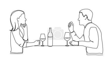 kontinuierliche einzeilige Zeichnung eines Paares, das am Esstisch sitzt und Wein trinkt, Linienkunst-Vektor-Illustration