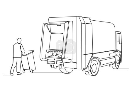 Téléchargez les illustrations : Dessin continu d'une seule ligne de camion à ordures et collecteur d'ordures avec poubelle, illustration vectorielle d'art de ligne de concept de collecte d'ordures - en licence libre de droit