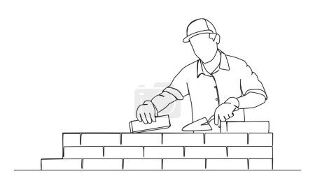 Téléchargez les illustrations : Dessin continu à une ligne du mur de construction de maçon, illustration vectorielle d'art de ligne de maçonnerie - en licence libre de droit