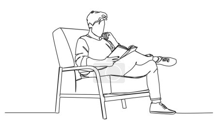 Téléchargez les illustrations : Dessin continu d'homme dans un fauteuil confortable lisant un livre, illustration vectorielle d'art linéaire - en licence libre de droit
