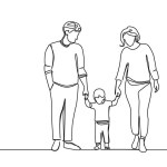 continuous single line drawing of parents walking with child in middle holding hands, happy family line art vector illustration