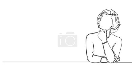 Téléchargez les illustrations : Dessin continu d'une seule ligne de femme réfléchie avec la main sur le menton, illustration vectorielle d'art linéaire - en licence libre de droit