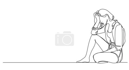 continuous single line drawing of stressed woman sitting on floor holding her head, line art vector illustration