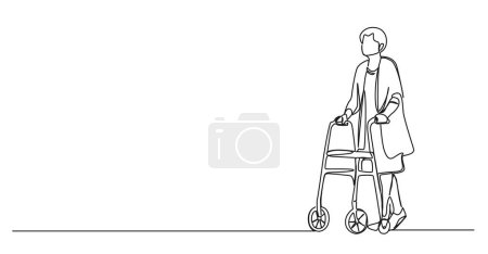 Ilustración de Dibujo continuo de una sola línea de mujer mayor caminando con un rodillo, ilustración de vectores de arte de línea - Imagen libre de derechos