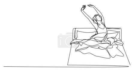Téléchargez les illustrations : Dessin continu d'une seule ligne de la femme s'étirant dans le lit après le réveil, illustration vectorielle d'art linéaire - en licence libre de droit
