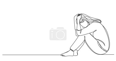 continuous single line drawing of woman in sad mood sitting on floor holding her head, line art vector illustration