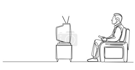 continuous single line drawing of senior man watching TV show on old tube TV set, line art vector illustration