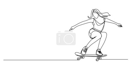 continuous single line drawing of young woman on skateboard, line art vector illustration