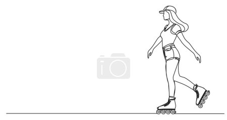 continuous single line drawing of young woman on inline skates, line art vector illustration