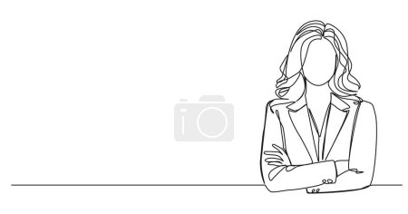 continuous single line drawing of confident woman in business attire, arms crossed, line art vector illustration