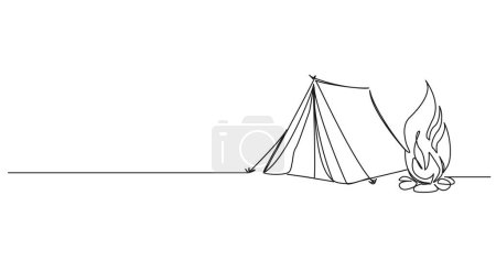 dibujo continuo de una sola línea de camping con tienda y fogata, ilustración de vectores de arte de línea
