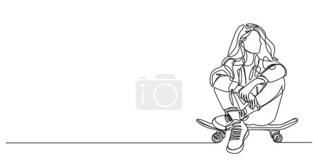 continuous single line drawing of young woman sitting on skateboard, line art vector illustration
