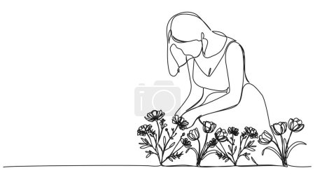continuous single line drawing of woman picking flowers, line art vector illustration