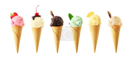 Photo for Assortment of ice cream cones. Variety of flavors isolated on a white background. - Royalty Free Image