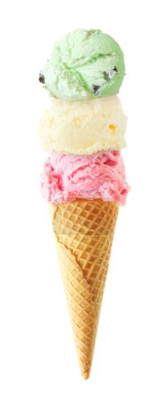 Photo for Triple scoop ice cream cone isolated on a white background. Strawberry, vanilla and mint flavors in a waffle cone. - Royalty Free Image