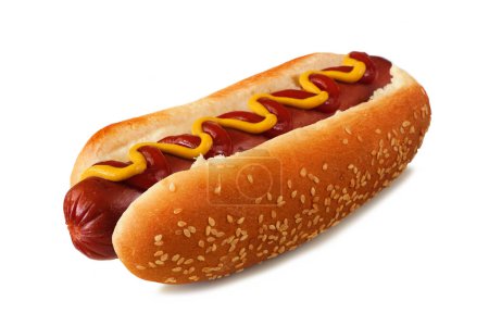 Foto de Hot dog con mostaza y ketchup en un bollo de semillas de sésamo. Vista lateral aislada sobre fondo blanco. - Imagen libre de derechos