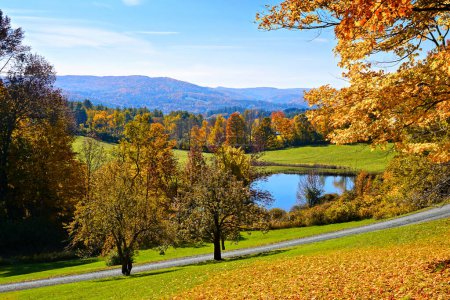 Téléchargez les photos : Paysage champêtre automnal coloré avec montagnes et étang sous un ciel bleu près de Woodstock, Vermont, USA - en image libre de droit