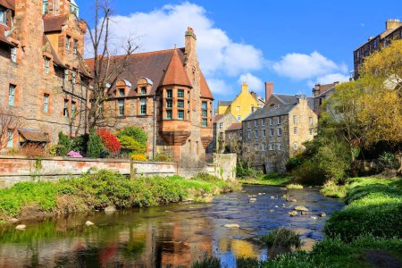 Beautiful Dean Village of Edinburgh, Scotland with reflections in the Water of Leith