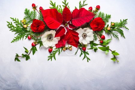 Téléchargez les photos : Décoration de Noël avec poinsettia, houx, lierre, gui et branches de sapin sur fond clair - en image libre de droit