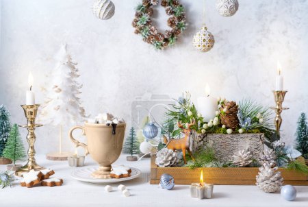 Photo for Christmas still life with cup of hot chocolate, gingerbread cookies, candles, Christmas ornaments. Winter cozy home concept - Royalty Free Image