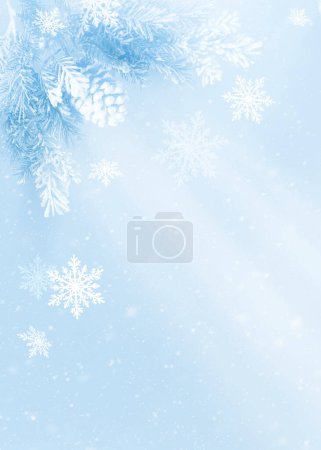 Photo for Winter blurred snowy background with silhouette of fir tree, pine cones, snowdrifts and snowflakes. Abstract Winter scene. Christmas or New Year concept. - Royalty Free Image