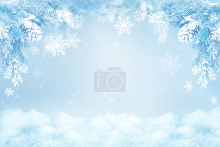 Photo for Winter  blurred background with silhouette of fir tree, pine cones and snowflakes. Abstract Winter scene. - Royalty Free Image