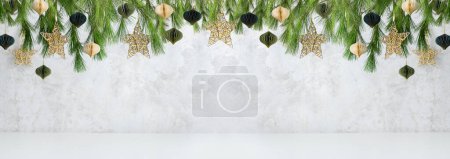 Photo for Christmas or New Year composition for decoration home interior. Fir branches and winter decorations over empty scene. Christmas gold stars and paper balls. - Royalty Free Image