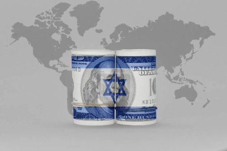 Foto de Bandera nacional de Israel en el billete de dólar en el fondo del mapa del mundo gris .3d ilustración - Imagen libre de derechos