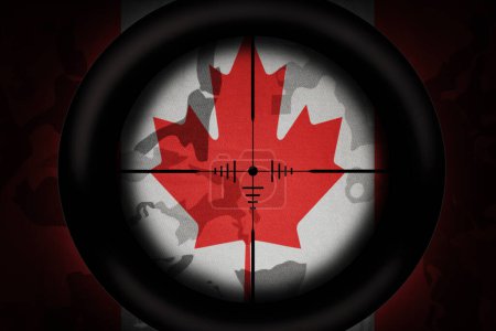 Foto de Alcance francotirador dirigido a la bandera nacional de Canadá en el fondo de textura caqui. concepto militar. ilustración 3d - Imagen libre de derechos