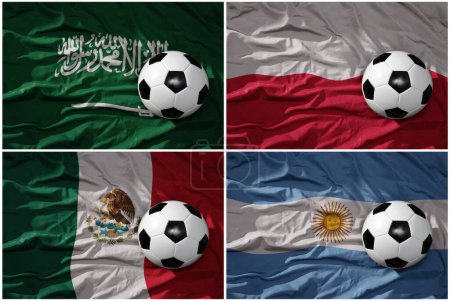 Téléchargez les photos : Group C. realistic football balls with national flags of argentina, saudi arabia, mexico,poland , ,soccer teams. 3D illustration - en image libre de droit