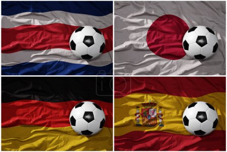 Téléchargez les photos : Group . realistic football balls with national flags of spain, costa rica, germany, japan, ,soccer teams. 3D illustration - en image libre de droit