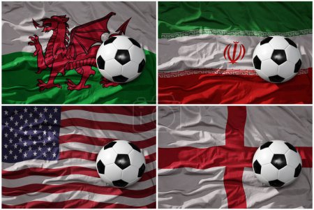 Téléchargez les photos : Group B. realistic football balls with national flags of england, iran, usa, wales, ,soccer teams. 3D illustration - en image libre de droit