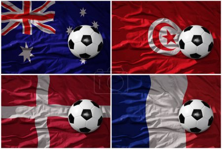 Téléchargez les photos : Group D. realistic football balls with national flags of france, australia , denmark, tunisia, ,soccer teams. 3D illustration - en image libre de droit