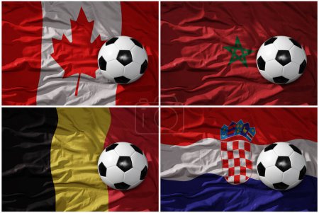 Téléchargez les photos : Group . realistic football balls with national flags of belgium, canada, morocco, croatia, ,soccer teams. 3D illustration - en image libre de droit