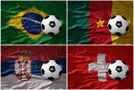 Téléchargez les photos : Group . realistic football balls with national flags of brazil, serbia,switzerland,cameroon,,soccer teams. 3D illustration - en image libre de droit