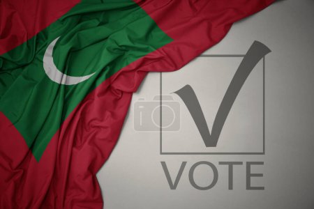 Foto de Ondeando colorida bandera nacional de las maldivas sobre un fondo gris con voto de texto. concepto de elección. Ilustración 3D - Imagen libre de derechos