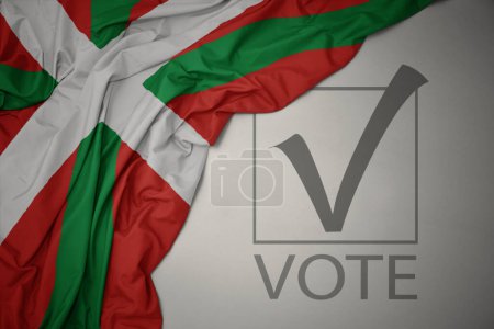 Foto de Ondeando colorida bandera nacional del país vasco sobre un fondo gris con voto de texto. concepto de elección. Ilustración 3D - Imagen libre de derechos