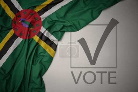 Foto de Ondeando colorida bandera nacional de Dominica sobre un fondo gris con voto de texto. concepto de elección. Ilustración 3D - Imagen libre de derechos