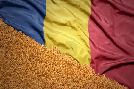 Téléchargez les photos : Grain de blé sur le drapeau national coloré agitant de la Roumanie .macro shot. Illustration 3d - en image libre de droit