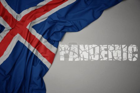 Photo for Waving colorful national flag of iceland on a gray background with broken text pandemic. concept. 3d illustration - Royalty Free Image