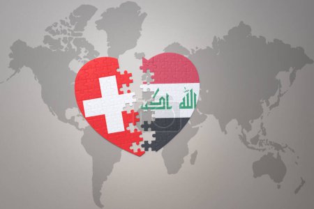 Photo for Puzzle heart with the national flag of iraq and switzerland on a world map background.Concept. 3D illustration - Royalty Free Image