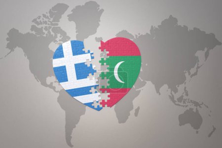 Photo for Puzzle heart with the national flag of maldives and greece on a world map background.Concept. 3D illustration - Royalty Free Image
