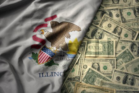 gran colorido ondeando la bandera nacional del estado de Illinois sobre un fondo de dinero en dólares americanos. concepto de financiación