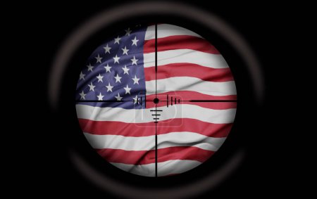 Photo for Sniper scope aimed at the big colorful flag of united states of america country. concept - Royalty Free Image