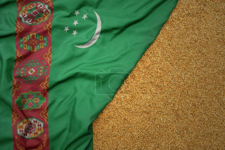 Téléchargez les photos : Grain de blé sur le grand drapeau national coloré agitant du turkmène .macro shot. - en image libre de droit